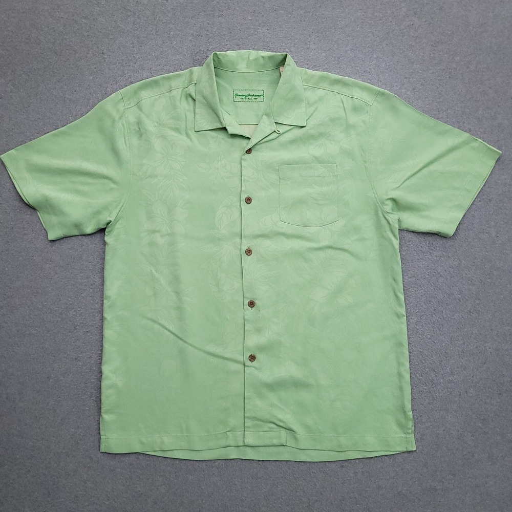 Tommy Bahama Silk Hawaiian Shirt Mens Large Green Jacquard Hibiscus Loop Collar